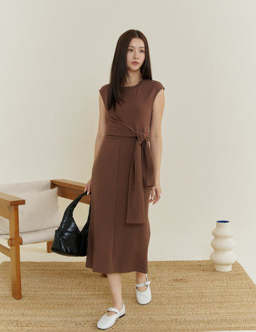 Kathy Tie Waist Midi Dress in Brown