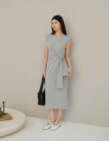 Kathy Tie Waist Midi Dress in Grey