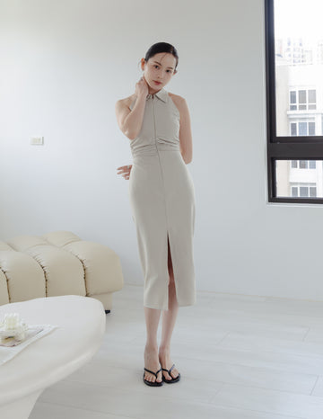 Annie Pinstripe Midi Dress in Beige