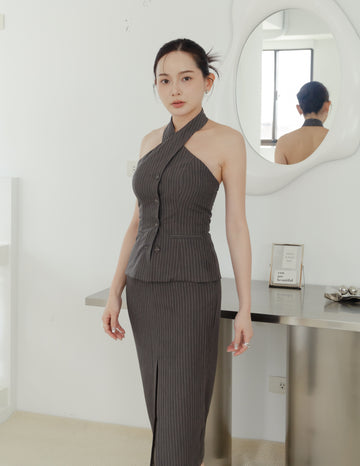 Ada Pinstripe Halter Top in Dark Grey