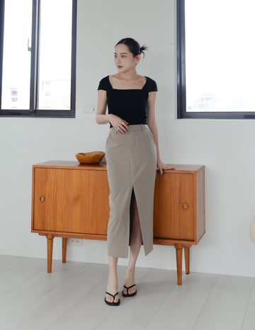 Yara Pinstripe Midi Skirt in Taupe
