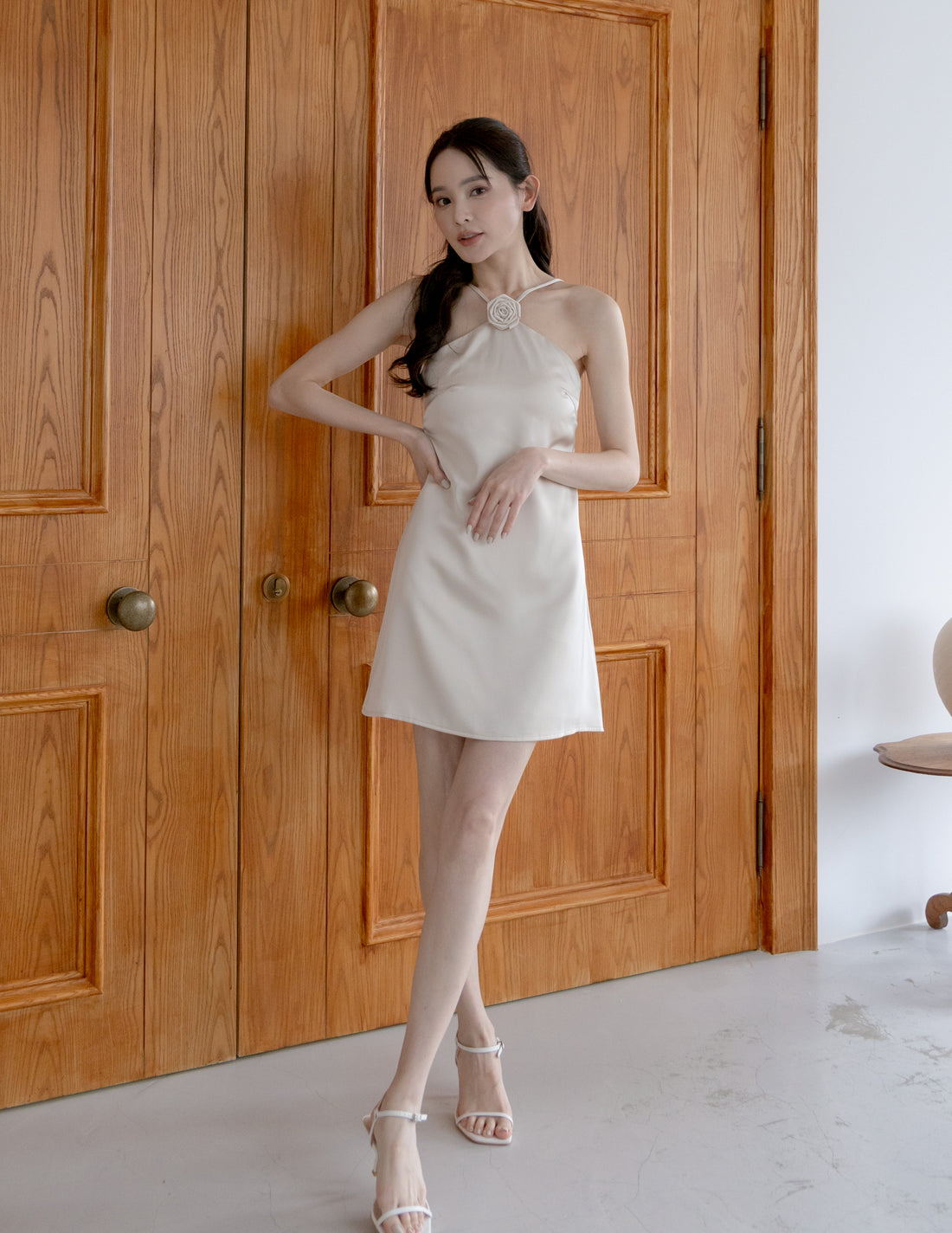 Lyra Satin Halter Dress in Champagne