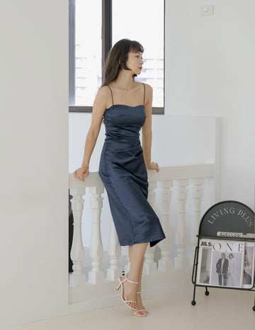 Kourtney Padded Satin Dress in Navy