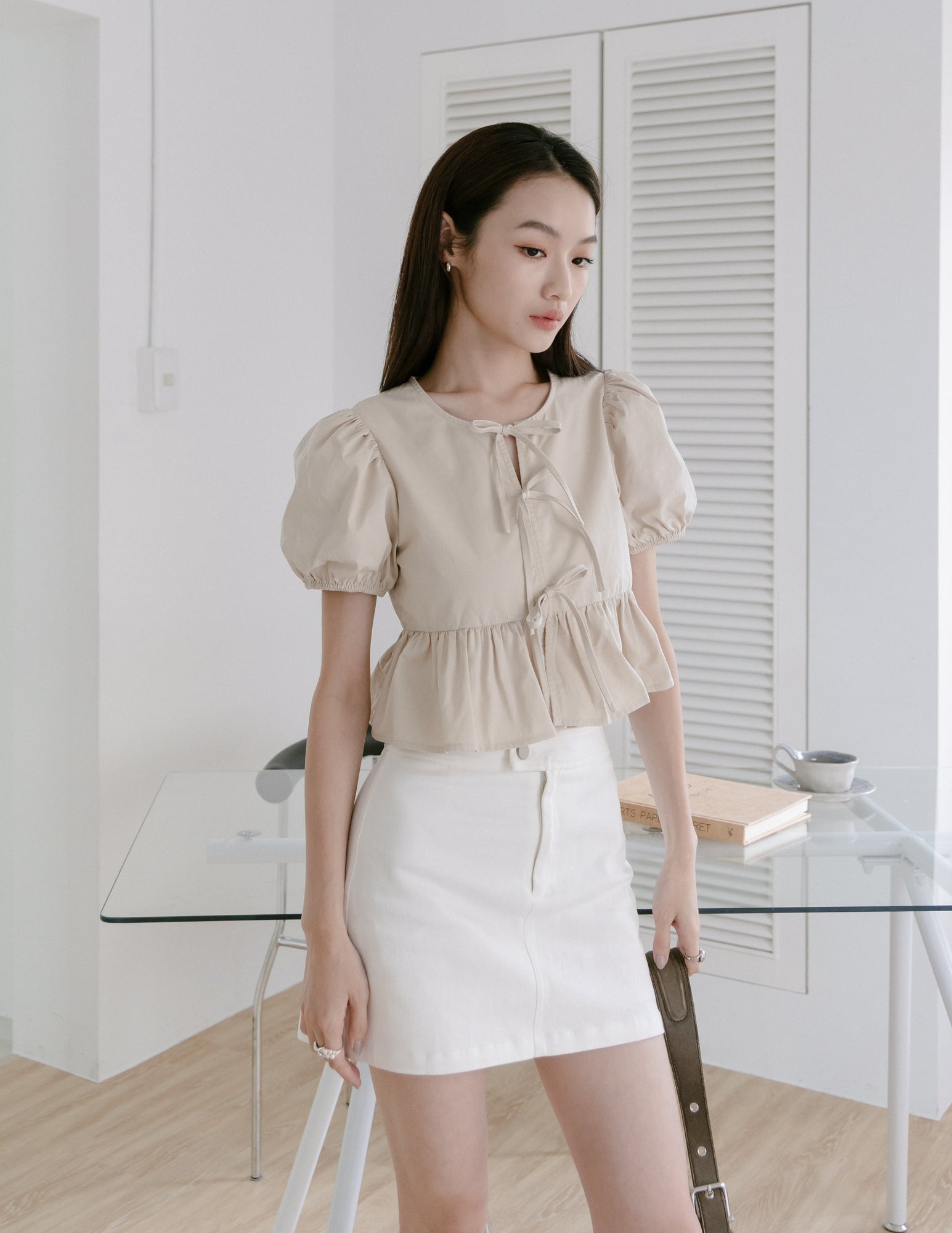 Lola Tie Front Peplum Top in Oat