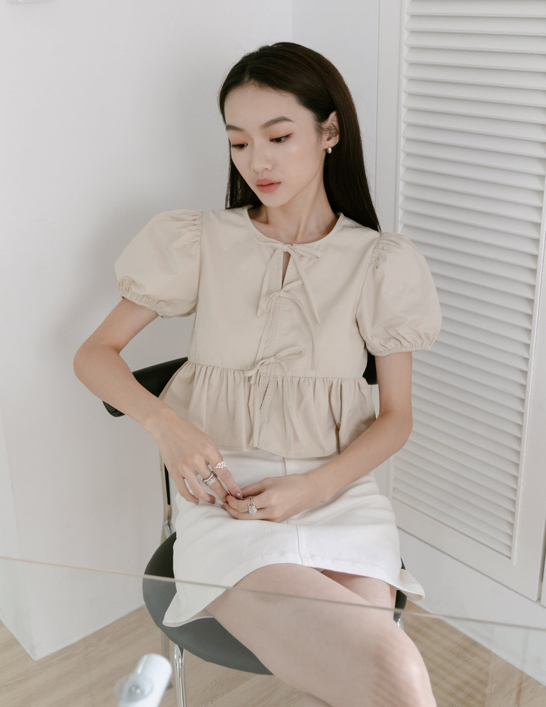 Lola Tie Front Peplum Top in Oat