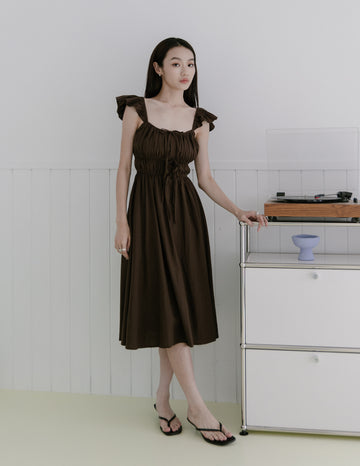 Sylvie Tie Front Linen Midi Dress in Coffee