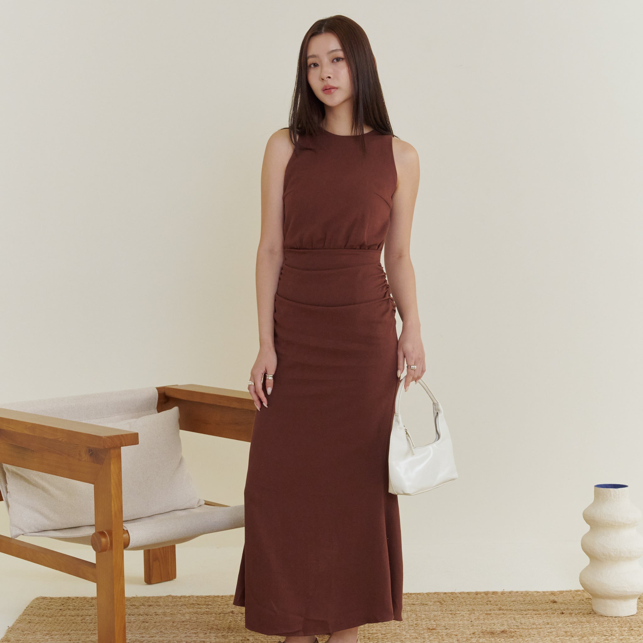 Cameron Ruched Dress in Brown