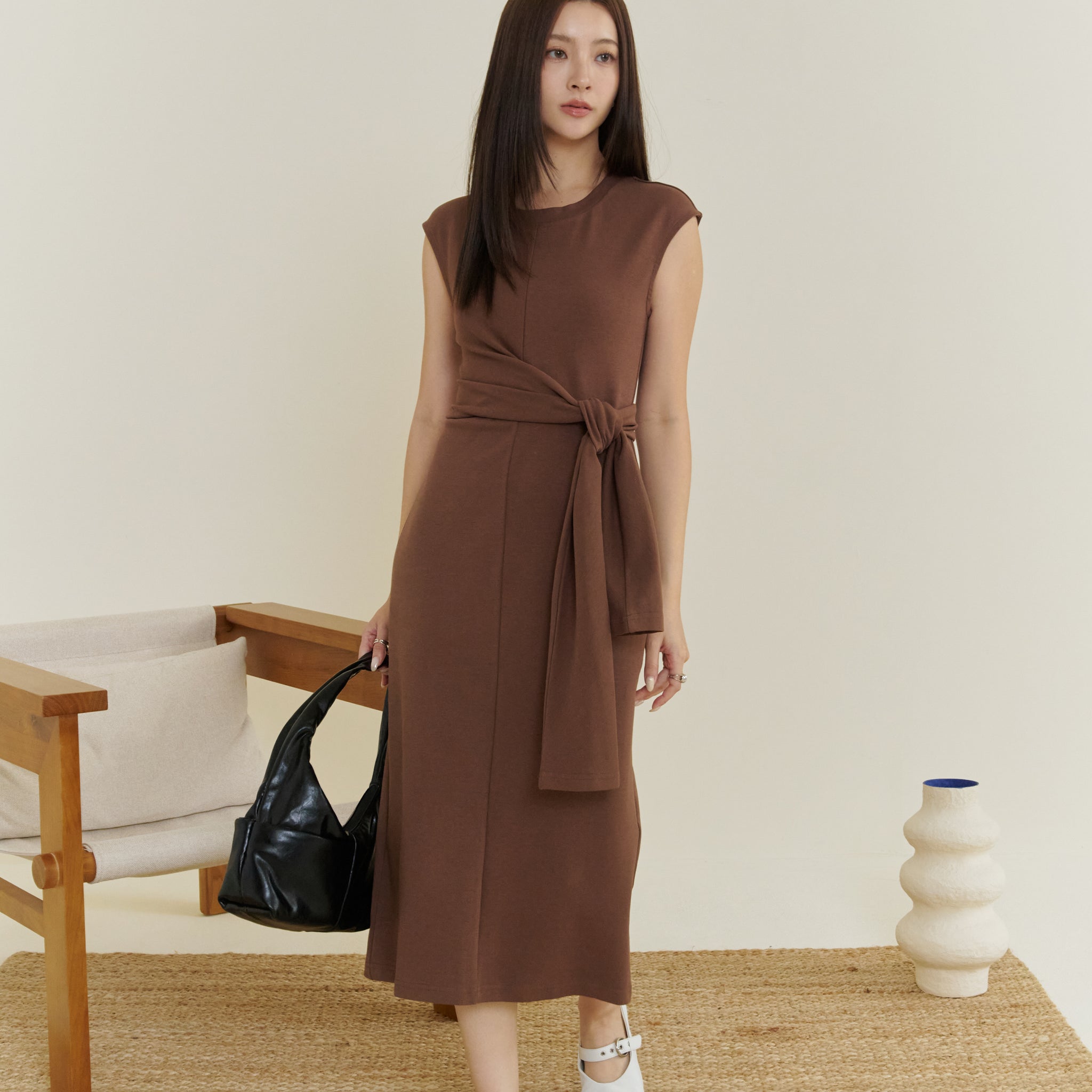 Kathy Tie Waist Midi Dress in Brown