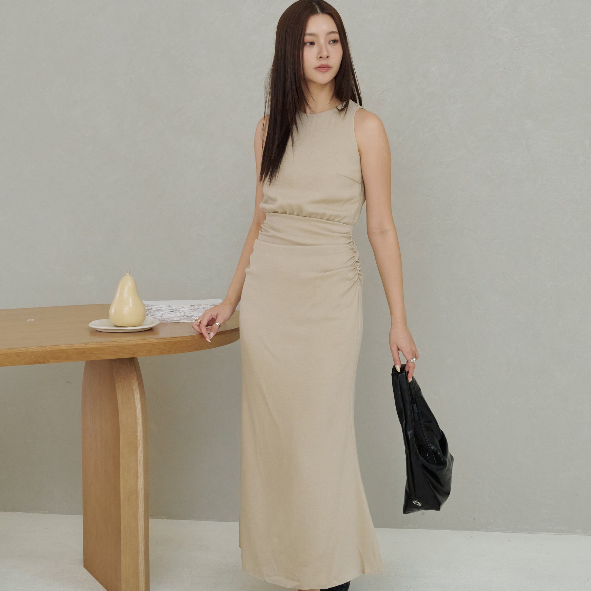 Cameron Ruched Dress in Beige
