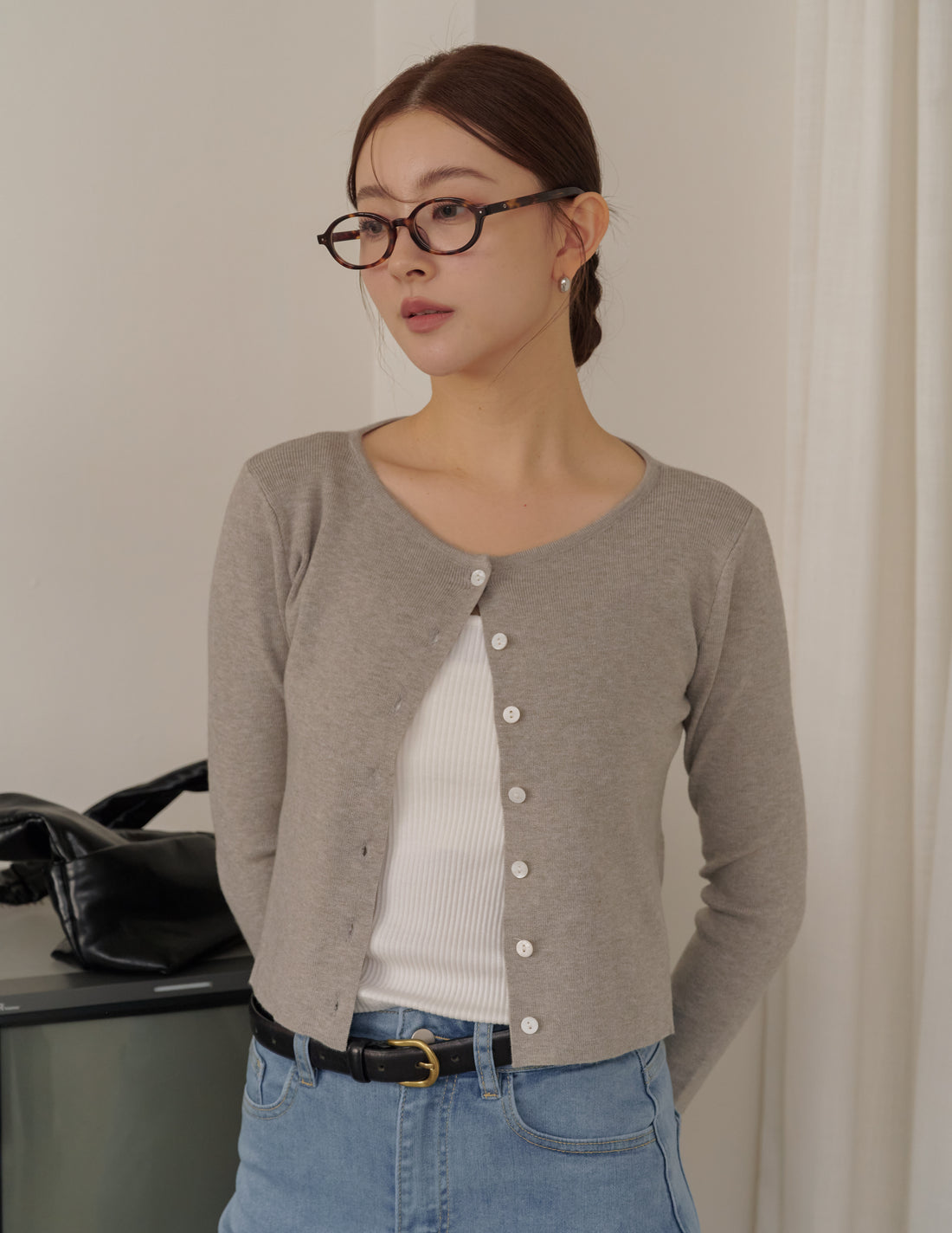 Avery Knit Crop Cardigan in Grey