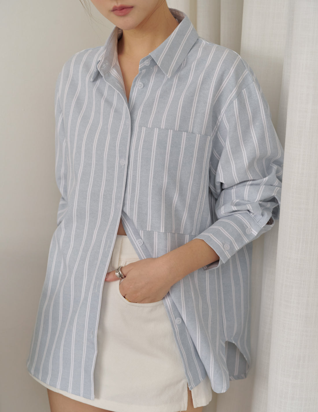 Nikki Pinstripe Oversized Shirt in Grey Blue