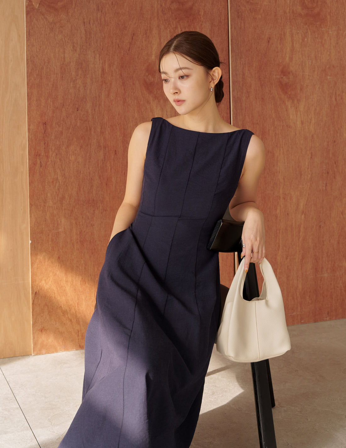 Carrie Panel Midi Dress in Navy