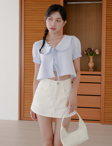 Poppy Ribbon Tie Peterpan Top in Blue Stripe