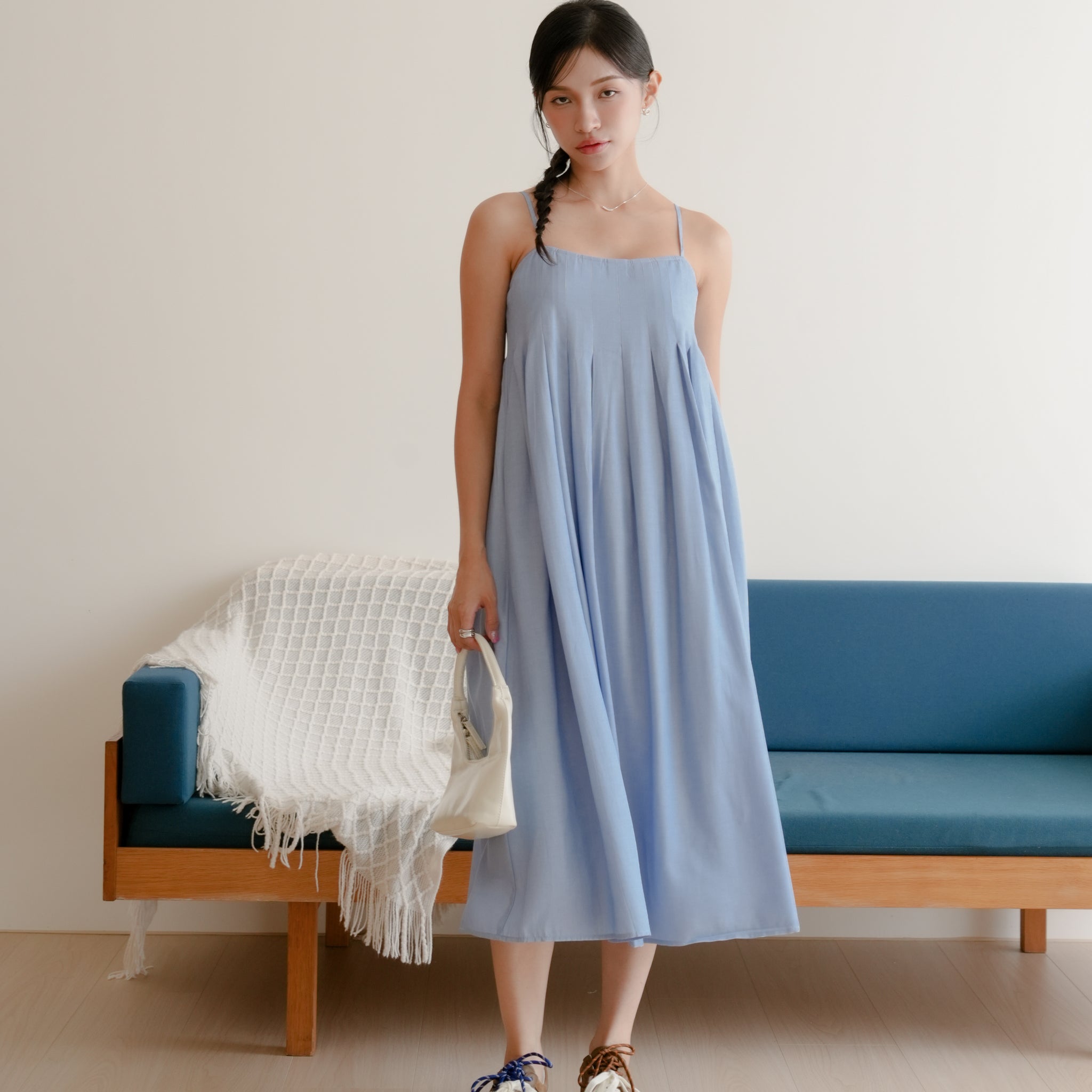 Nadia Pleated Midi Dress in Light Wash
