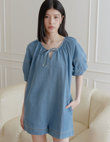 Trixi Oversized Denim Romper in Mid Wash