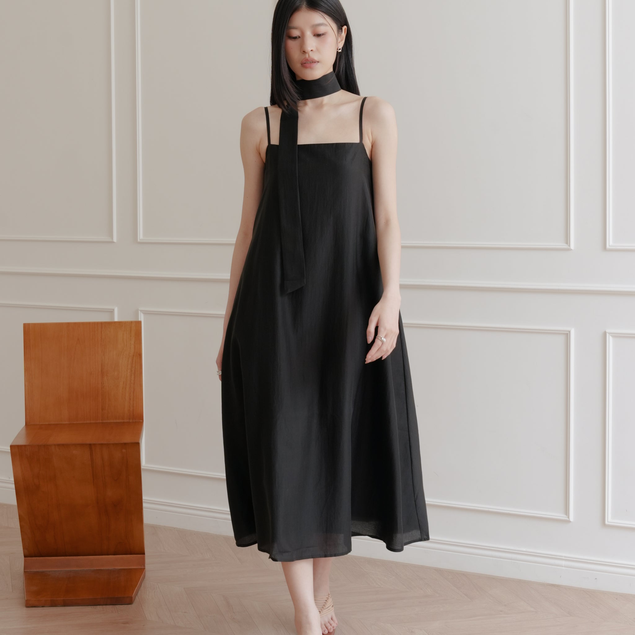 Zelda Scarf Tent Midi Dress in Black