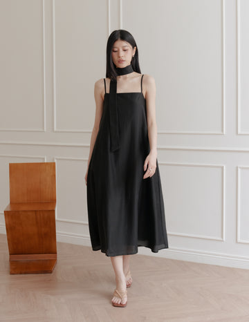 Zelda Scarf Tent Midi Dress in Black