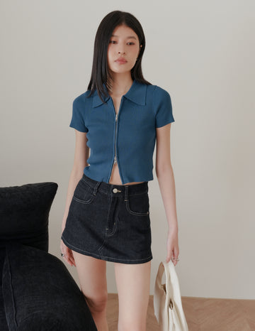Esme Zip Through Knit Top in Blue