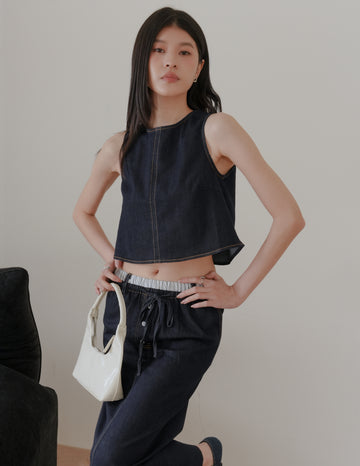 Iris Boxy Crop Denim Top in Dark Wash