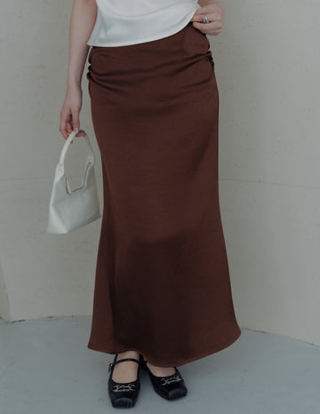 Zahra Ruched Satin Skirt in Brown