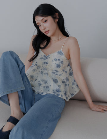 Rita Padded Babydoll Top in Blue Floral