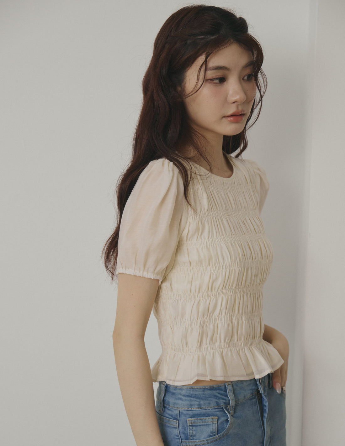 Cloe Shirred Puff Sleeve Top in Cream