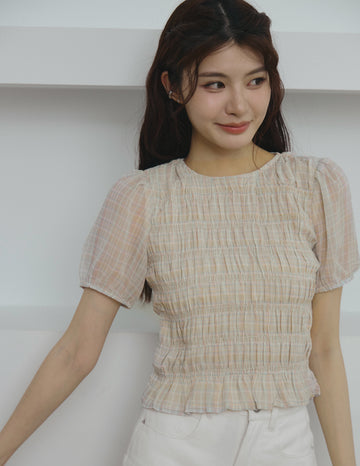 Cloe Shirred Puff Sleeve Top in Pastel Plaid