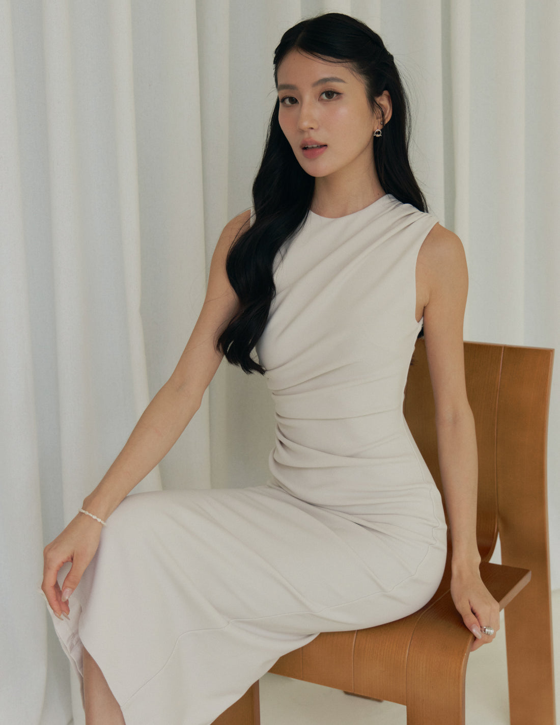 Elodie Ruched Midi Dress in Ivory