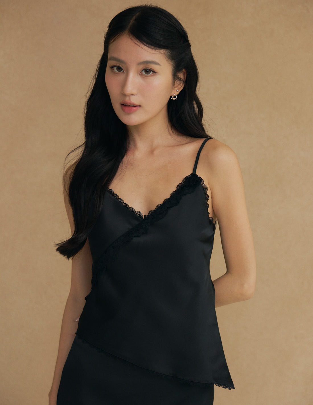 Amelie Padded Lace Trim Cami Top in Black