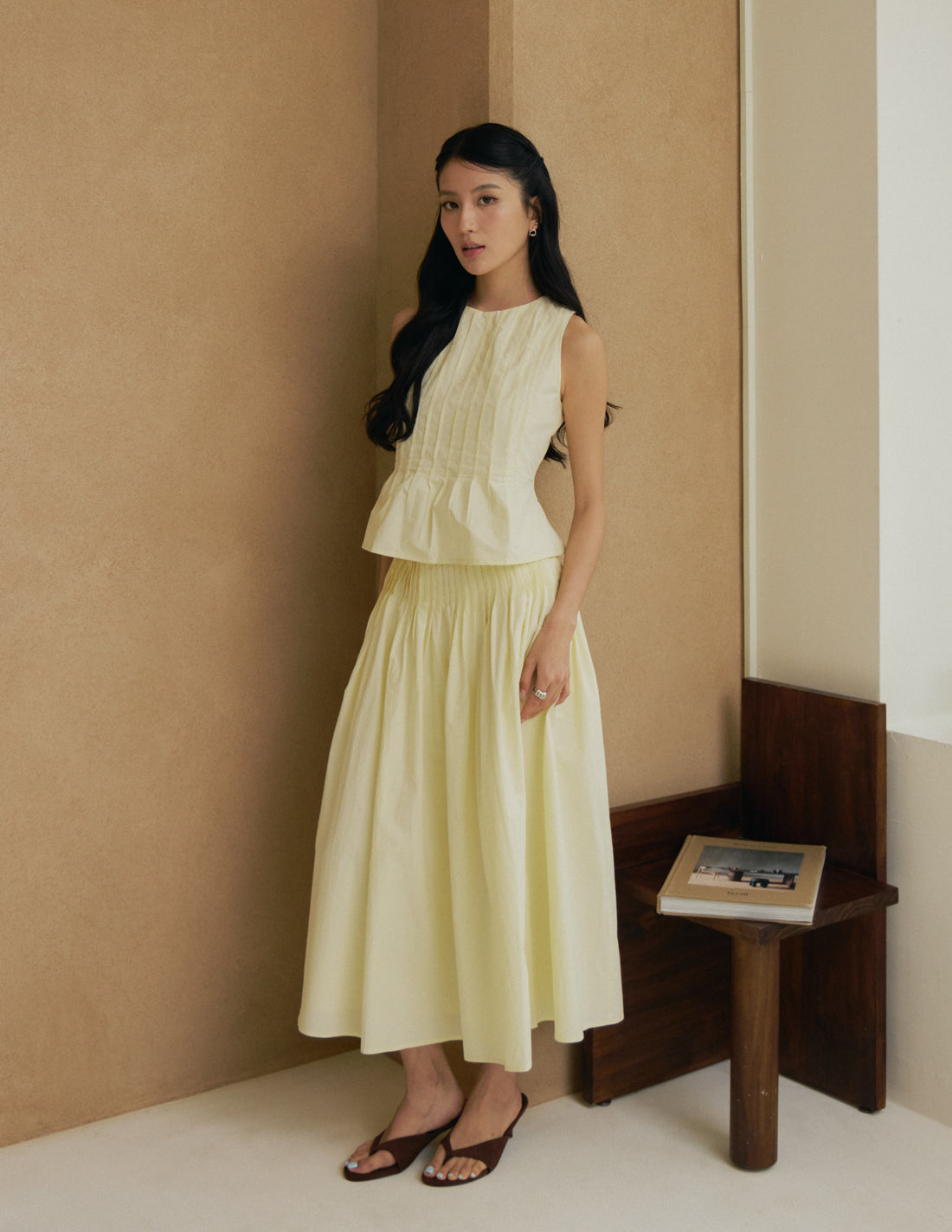 Solene Pleated Midi Skirt in Butter Yellow