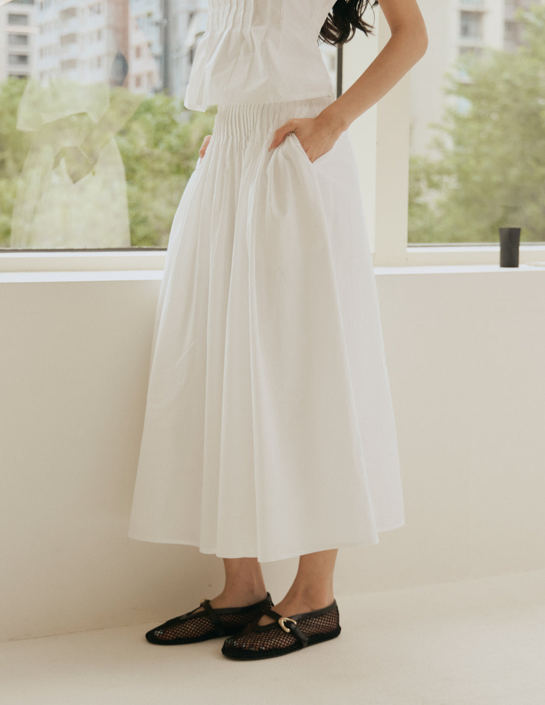 Solene Pleated Midi Skirt in White