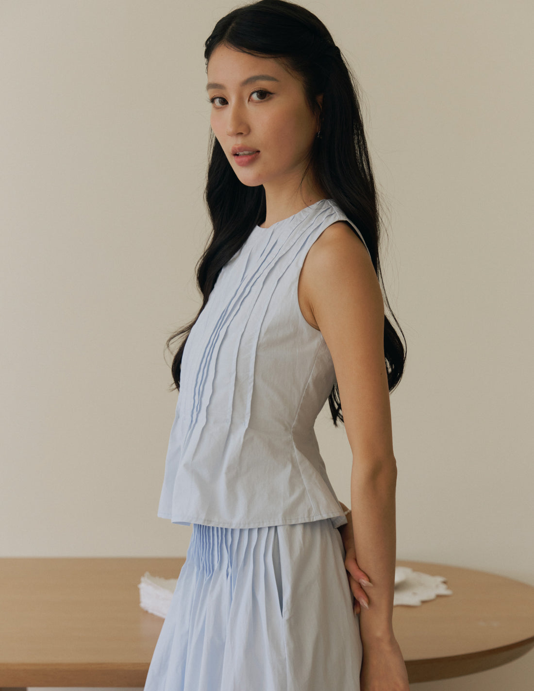 Vianne Pleated Peplum Top in Powder Blue