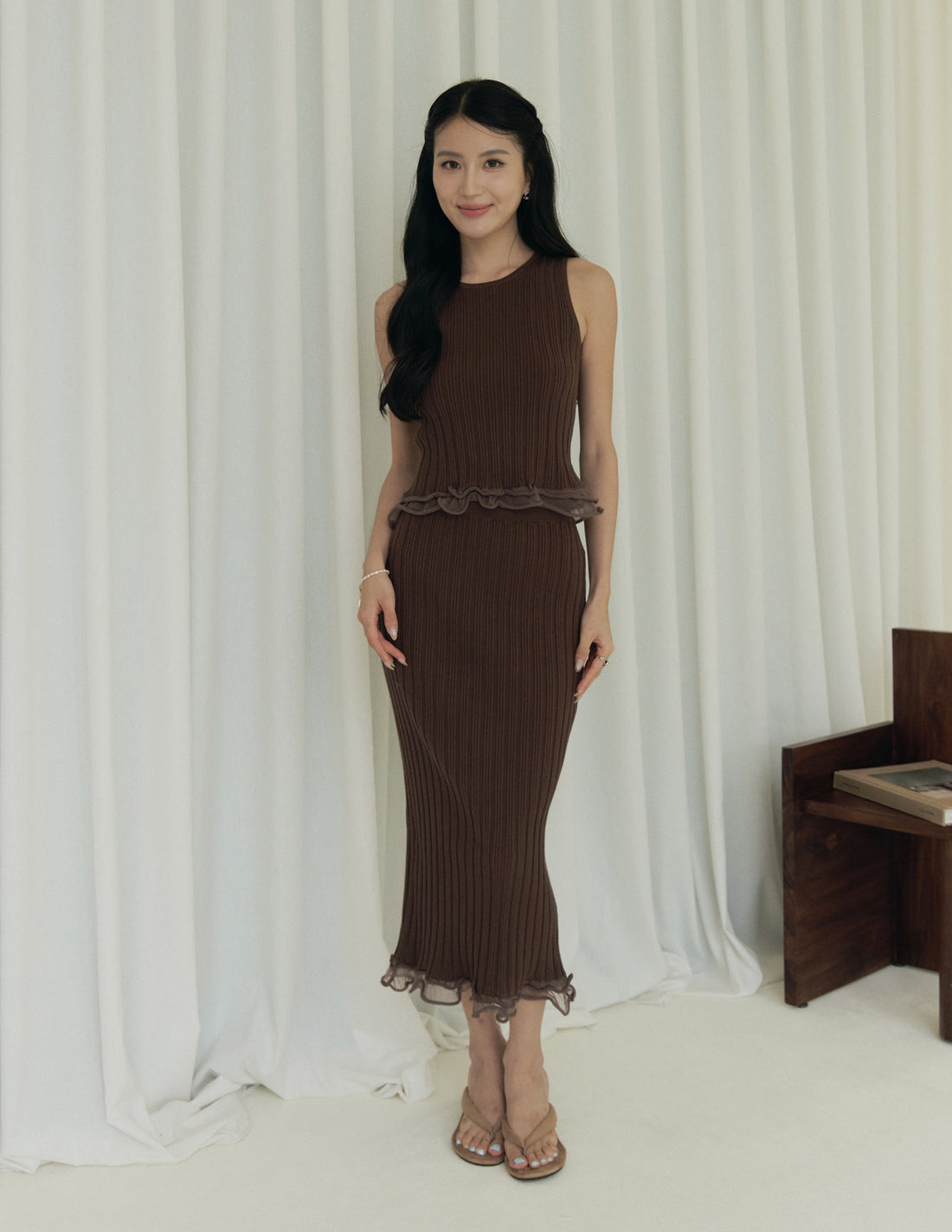 Brielle Ribbed Knit Midi Skirt in Brown