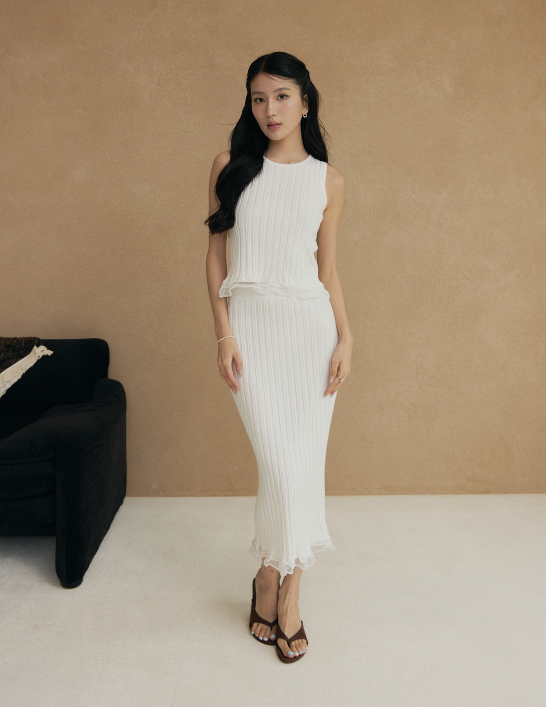 Brielle Ribbed Knit Midi Skirt in White