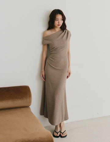 Louise Ruched Knit Dress in Warm Taupe
