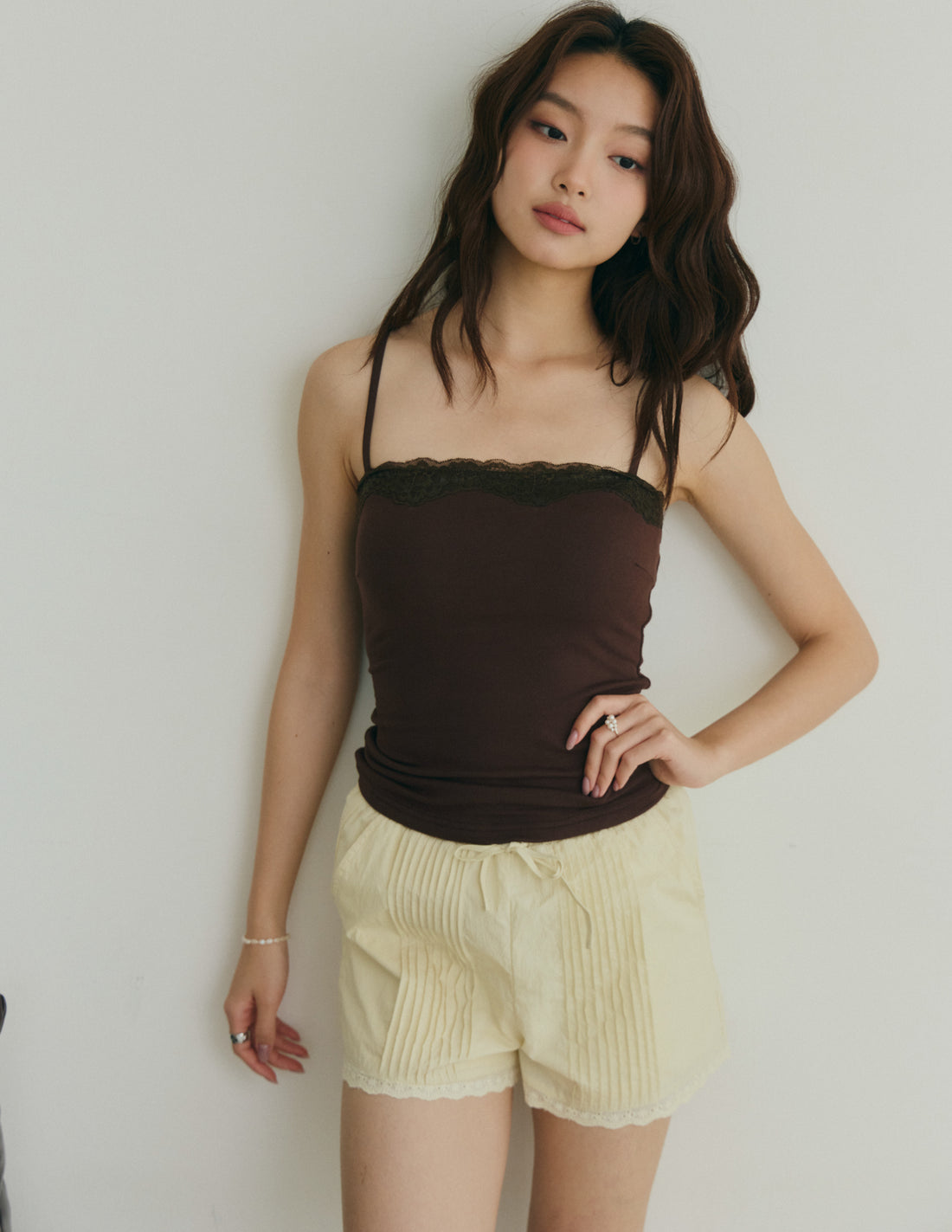 Inez Lace-Trim Pintuck Shorts in Butter Yellow