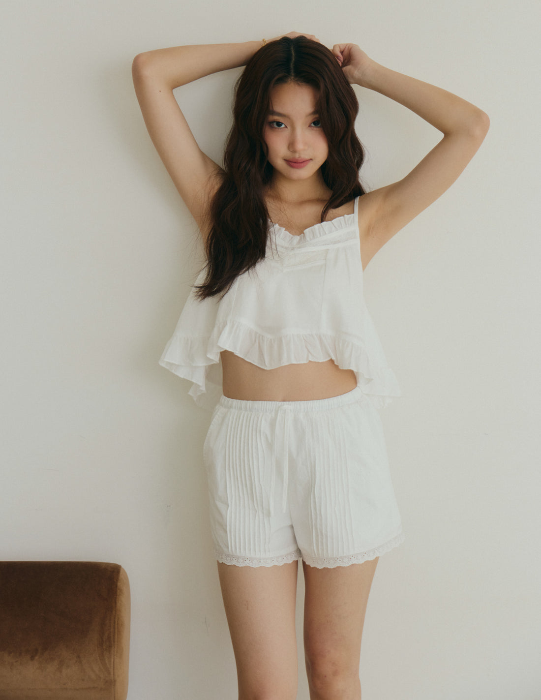 Inez Lace-Trim Pintuck Shorts in White