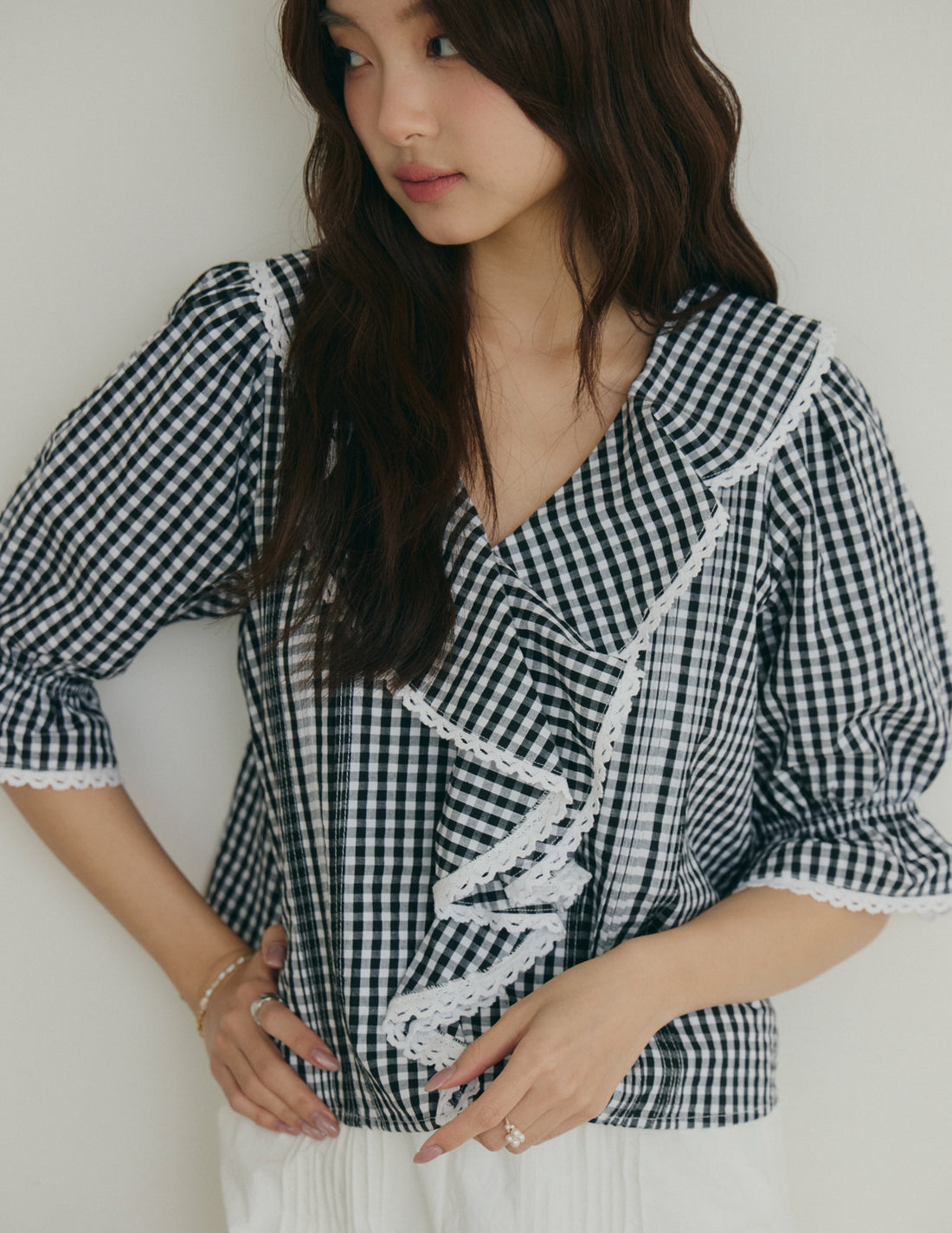 Maria Lace-Trim Ruffle Blouse in Gingham