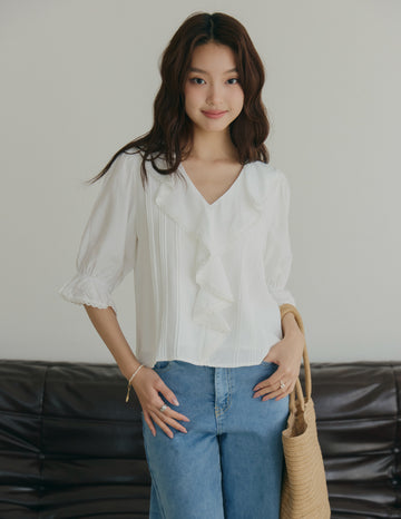 Maria Lace-Trim Ruffle Blouse in White