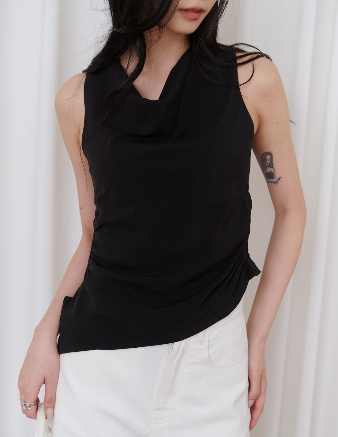 Noelle Ruched Asymmetrical Cowl Top in Black