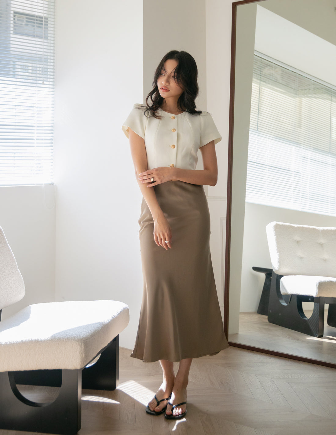 Juliet Satin Midi Skirt in Taupe