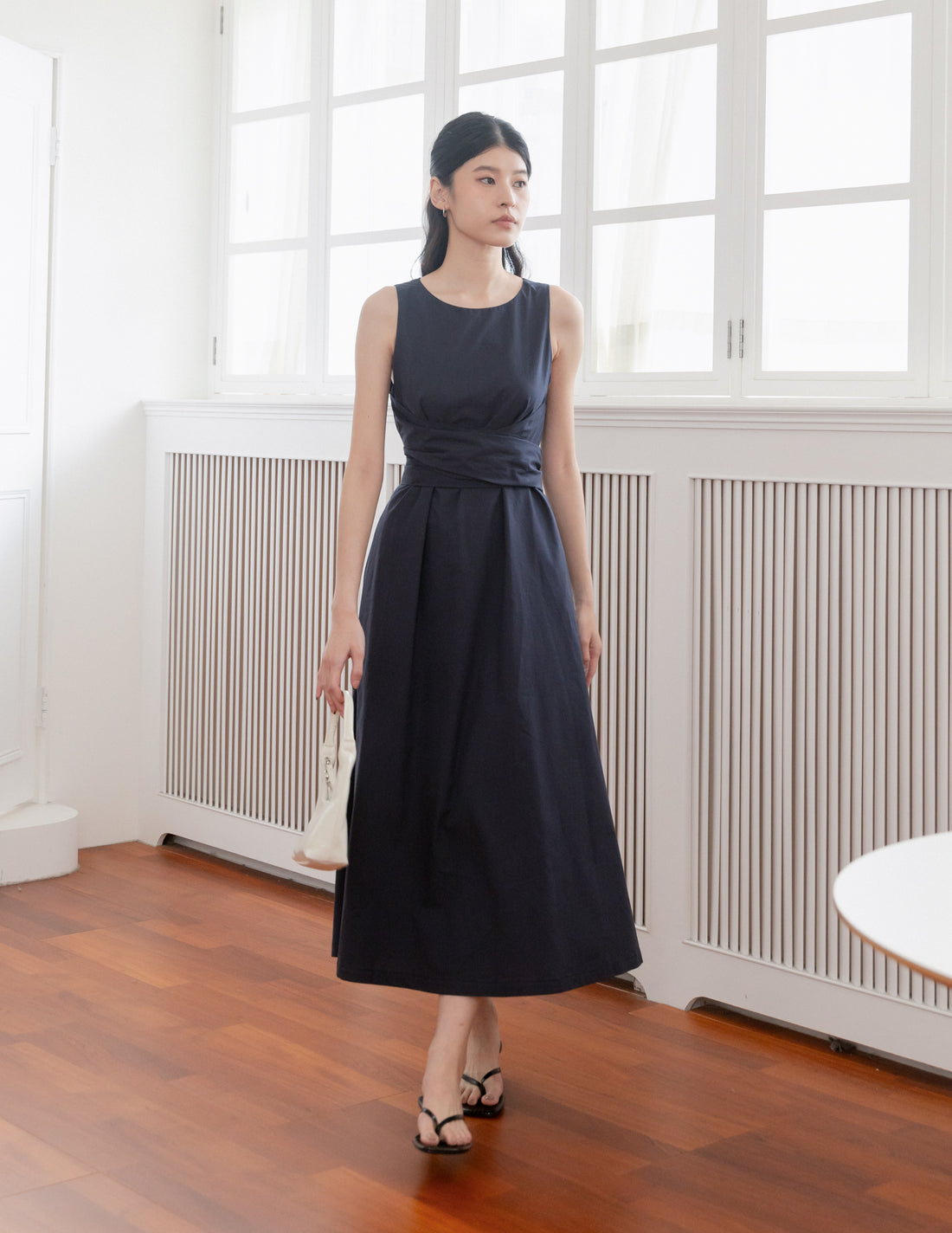 Feodora Tie Waist Dress in Navy