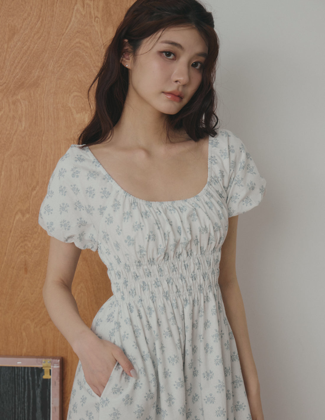 Stefanie Shirred Midi Dress in Blue Floral