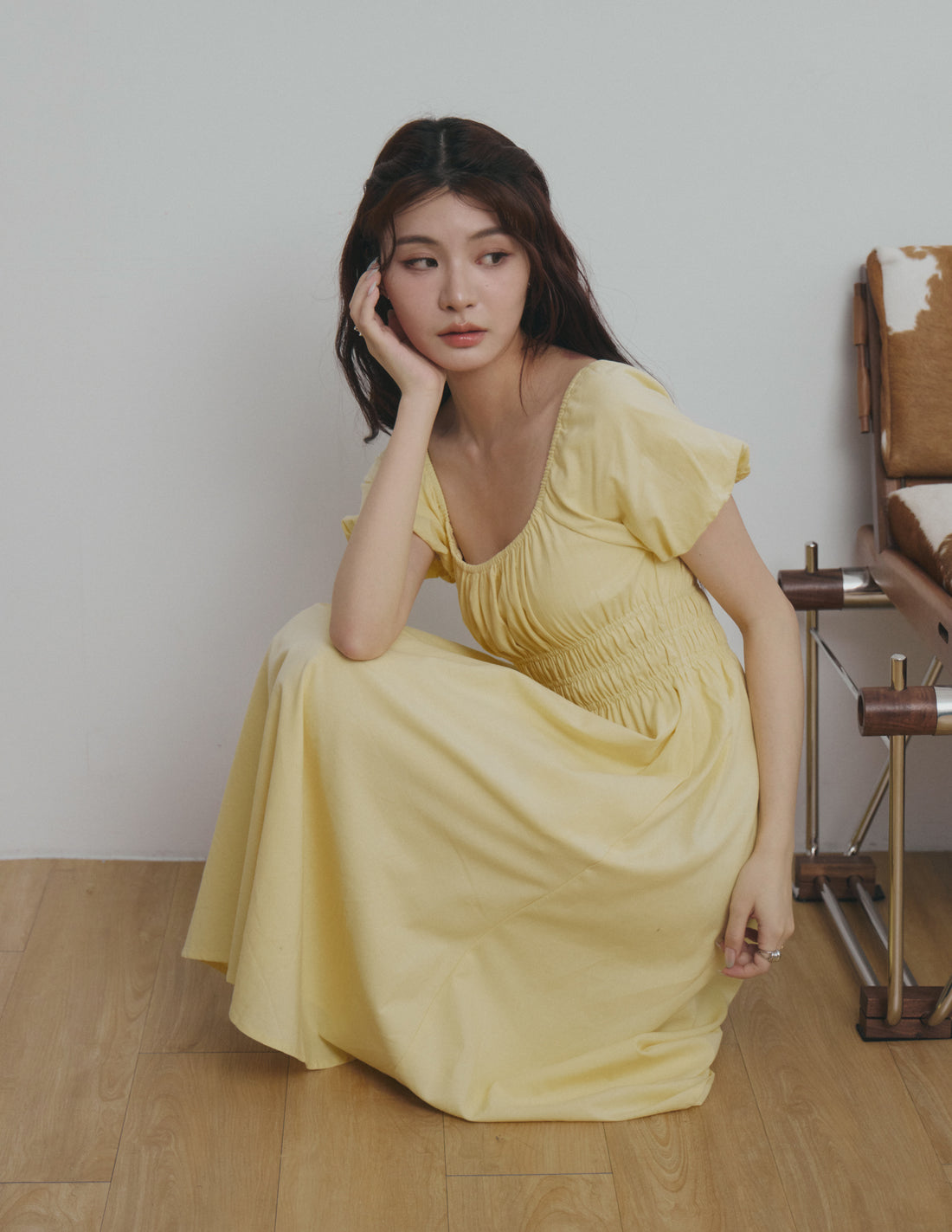 Stefanie Shirred Midi Dress in Yellow