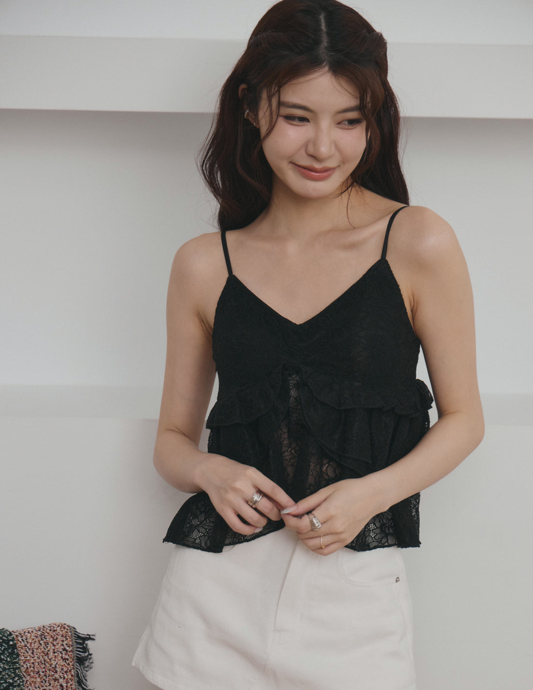 Hannah Lace Ruffle Top in Black