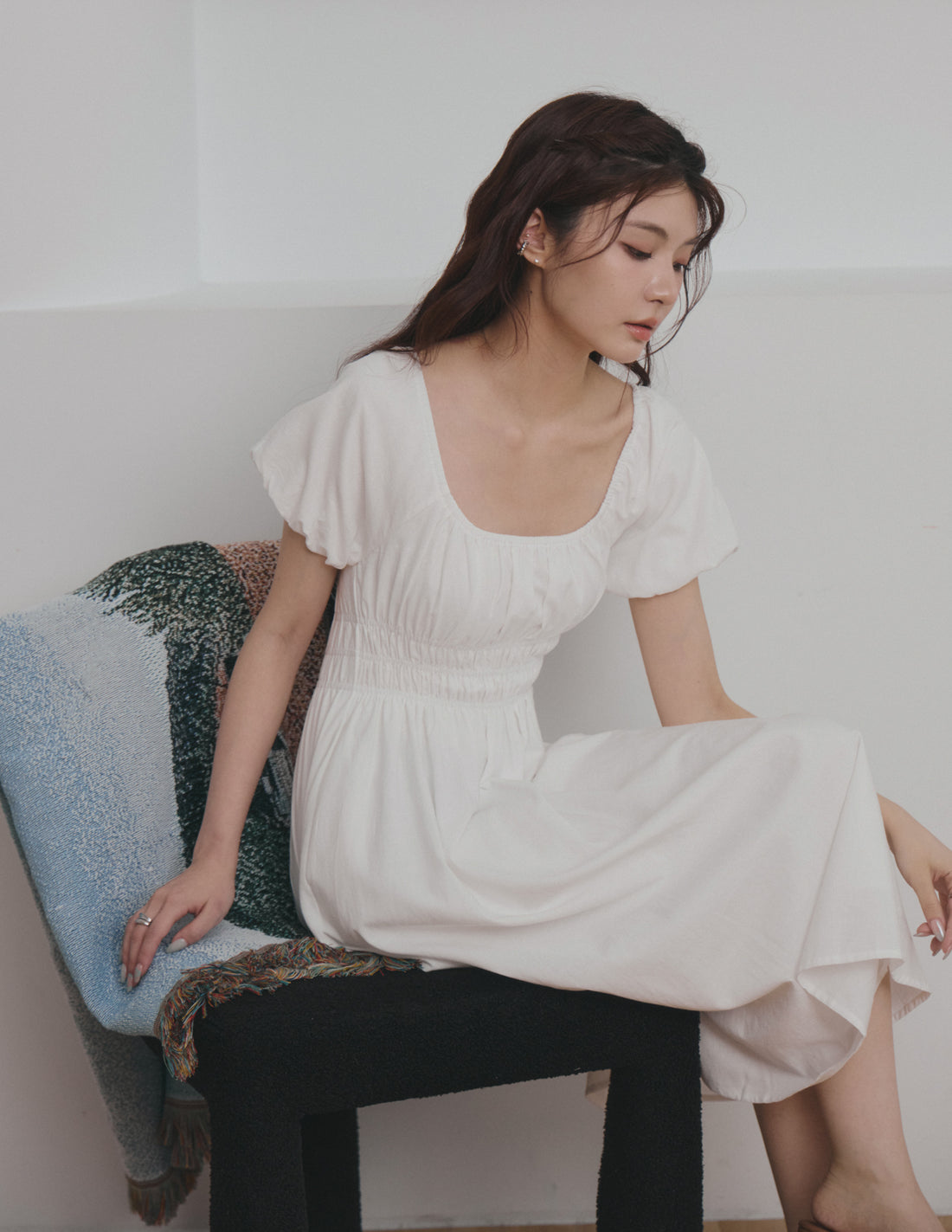 Stefanie Shirred Midi Dress in White