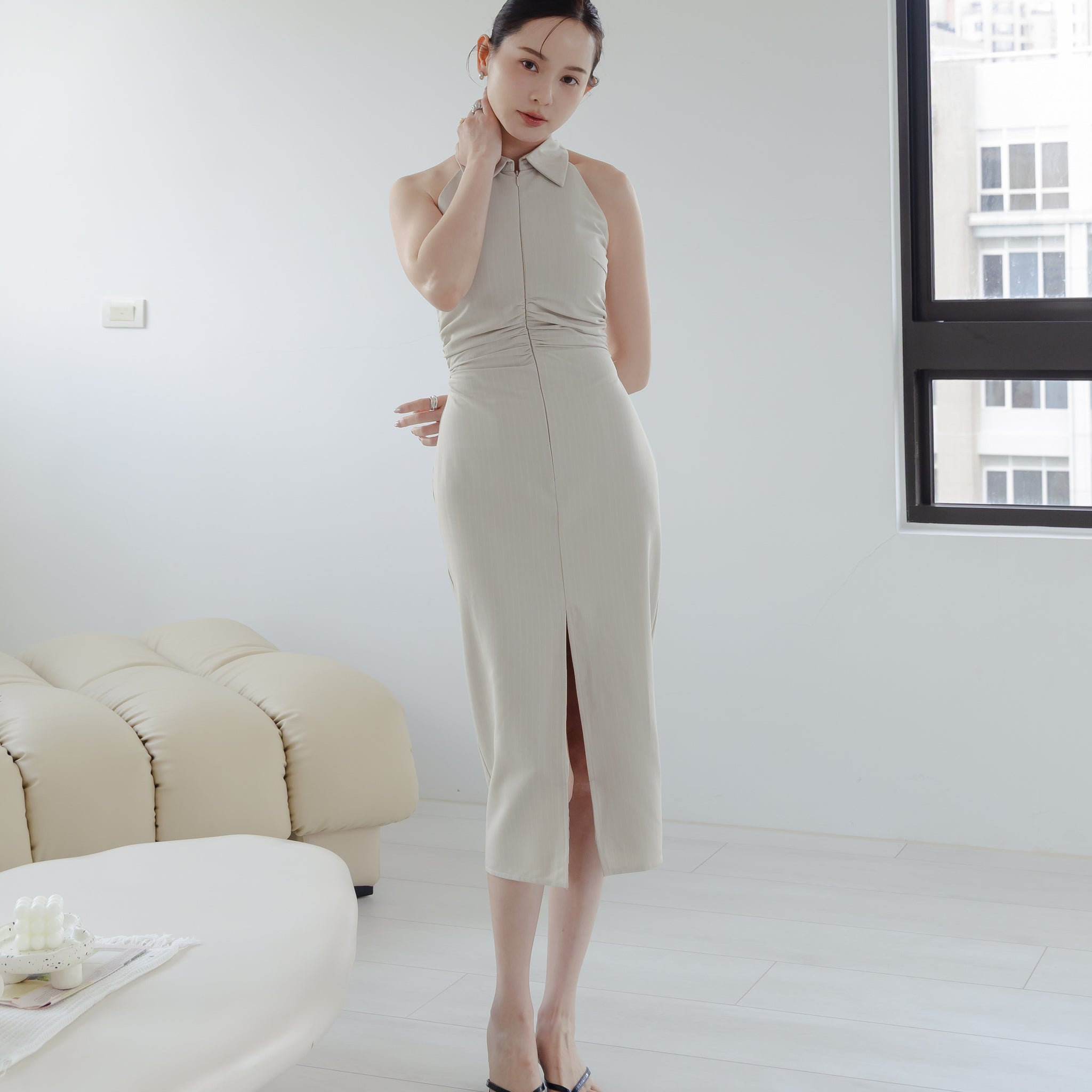 Annie Pinstripe Midi Dress in Beige
