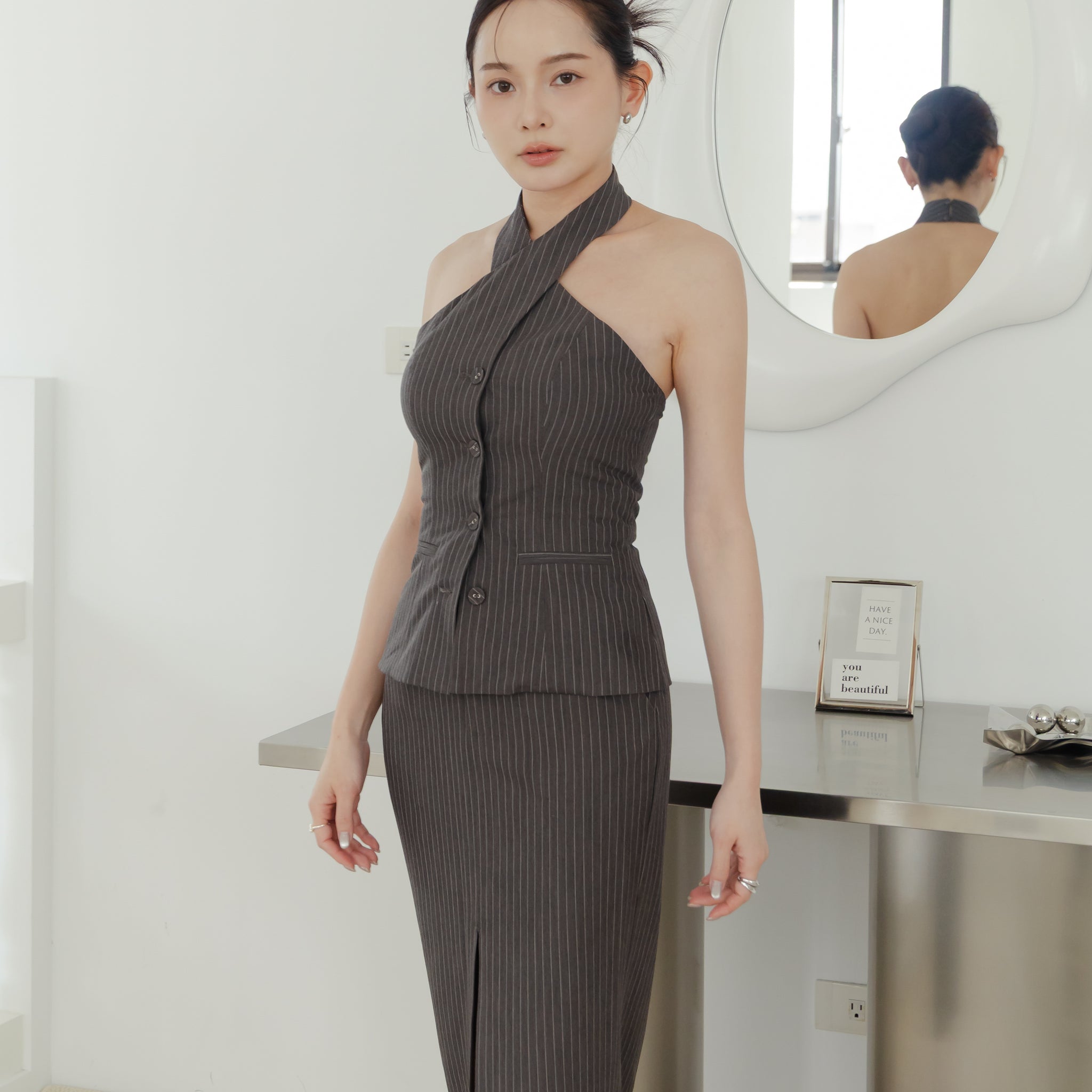 Ada Pinstripe Halter Top in Dark Grey