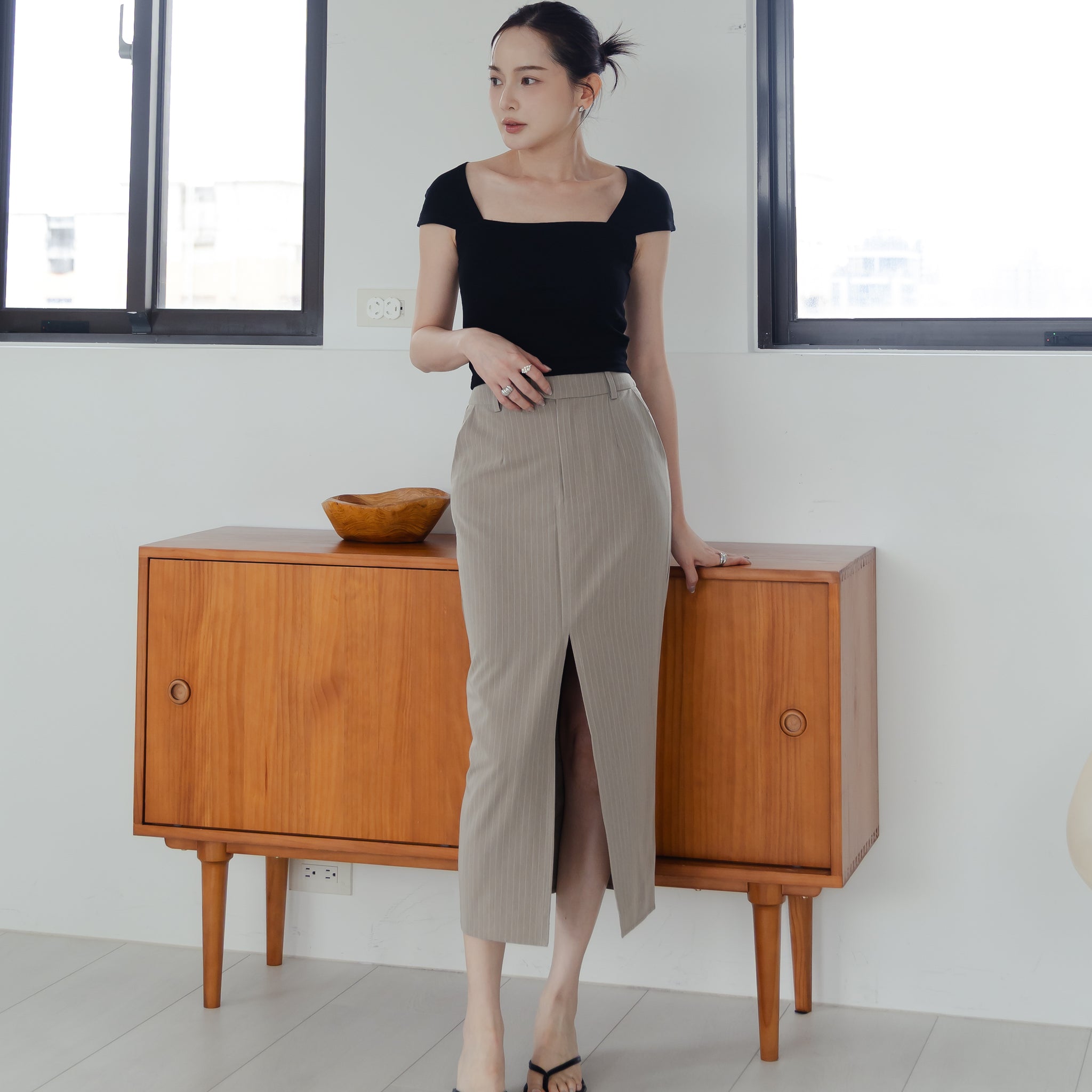Yara Pinstripe Midi Skirt in Taupe