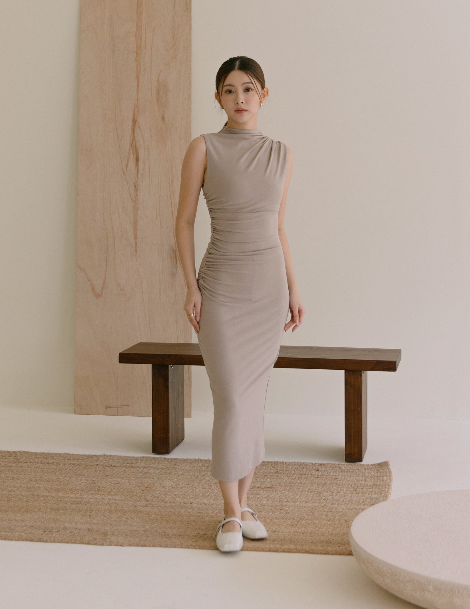 Emilia Ruched Dress in Taupe